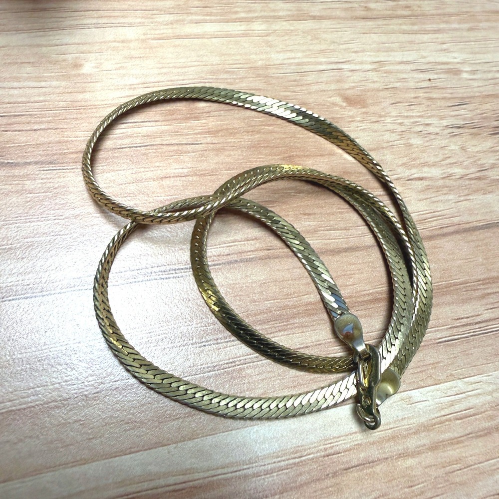 Gold Tone Herringbone Flat Snake Chain Necklace 18.5 Inch Minimalist Classic